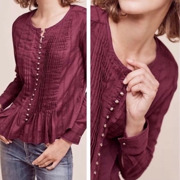 Anthropologie Maeve Burgandy Button Up Shirt Size Small - Picture 2 of 12